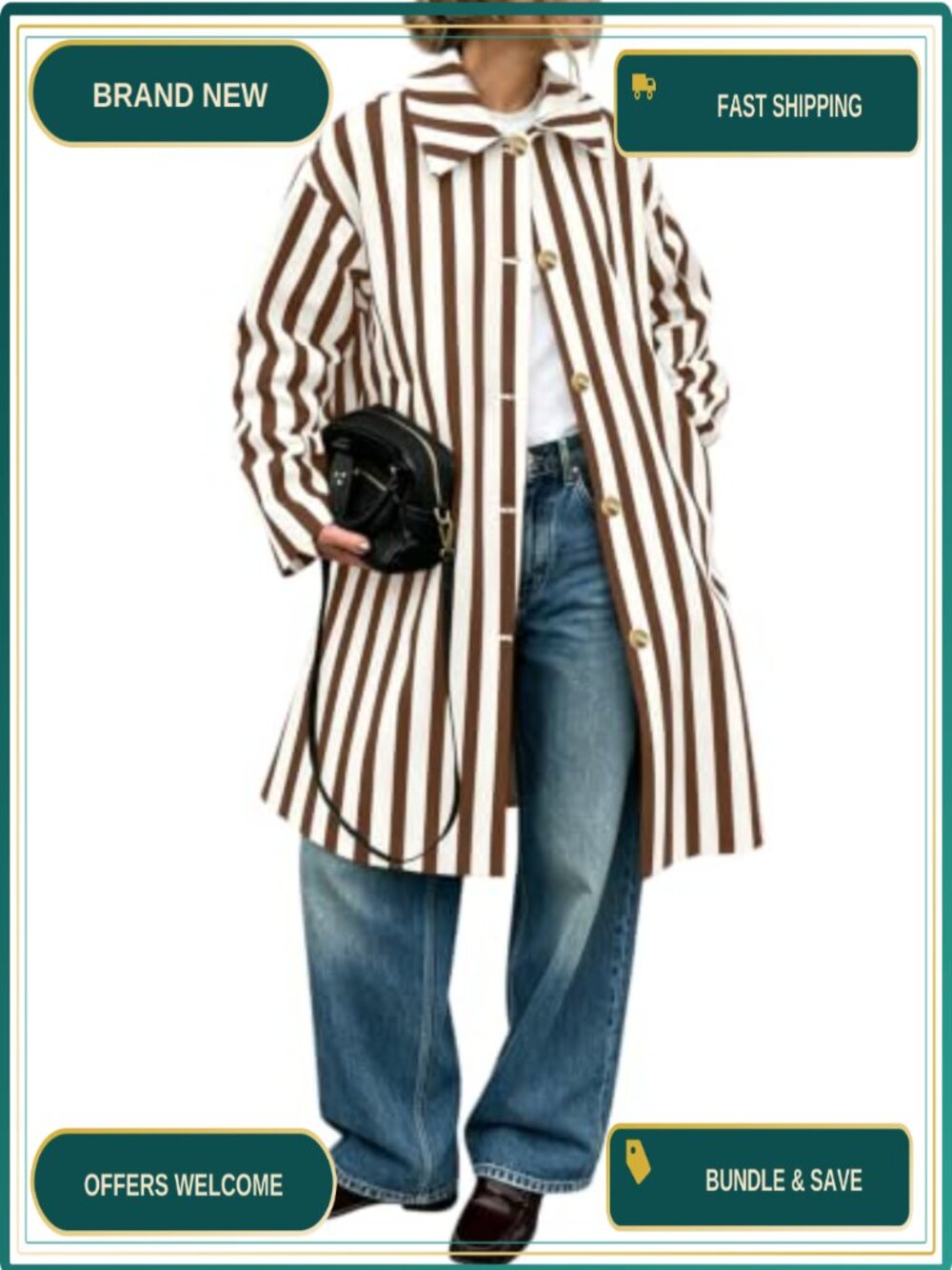 Womens Oversized Striped Long Trench Coat Button Front Fall Overcoat